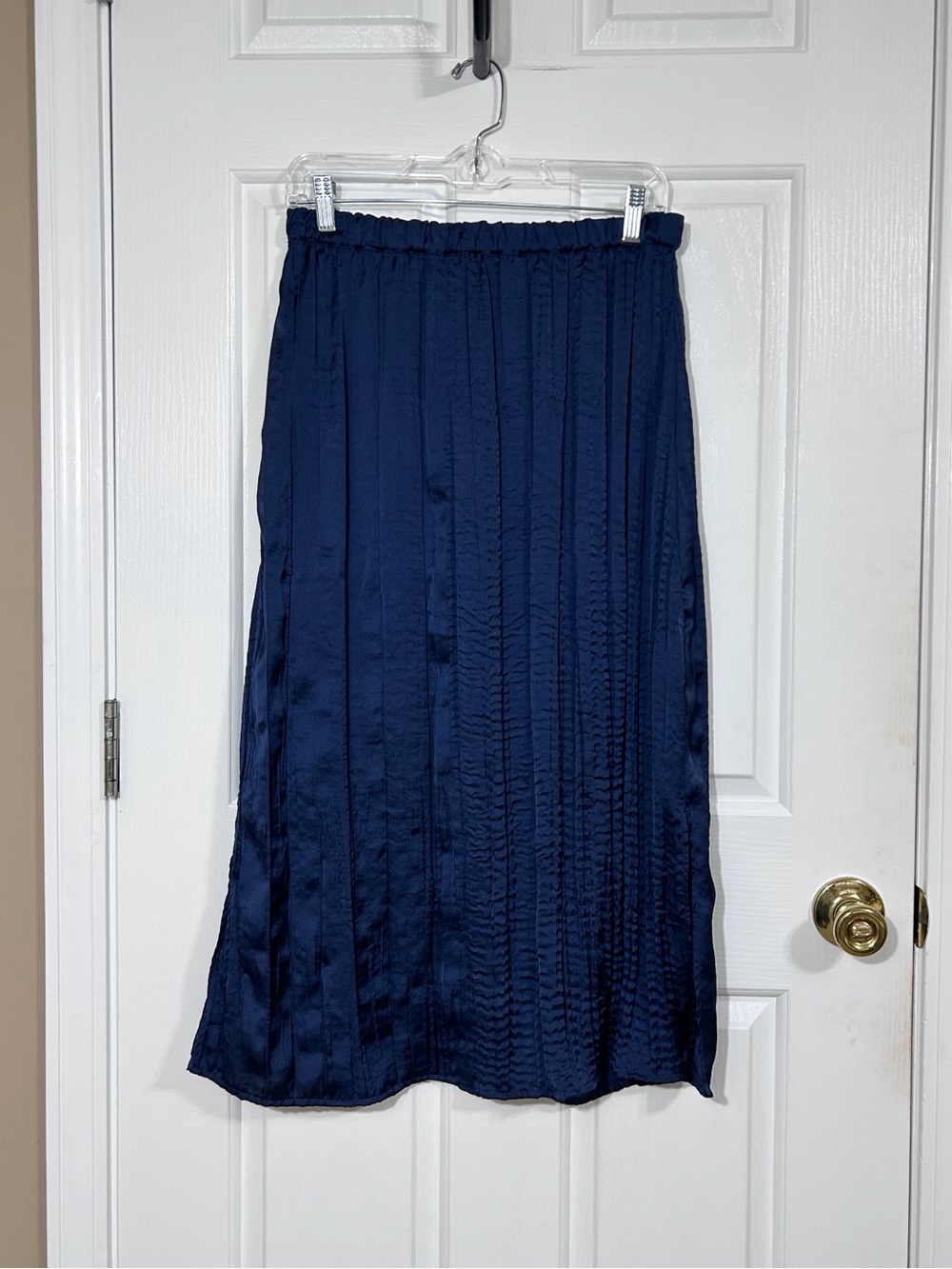 J.Crew Sapphire Shimmer Satin Midi Skirt S Navy Pleated Elastic Waist
